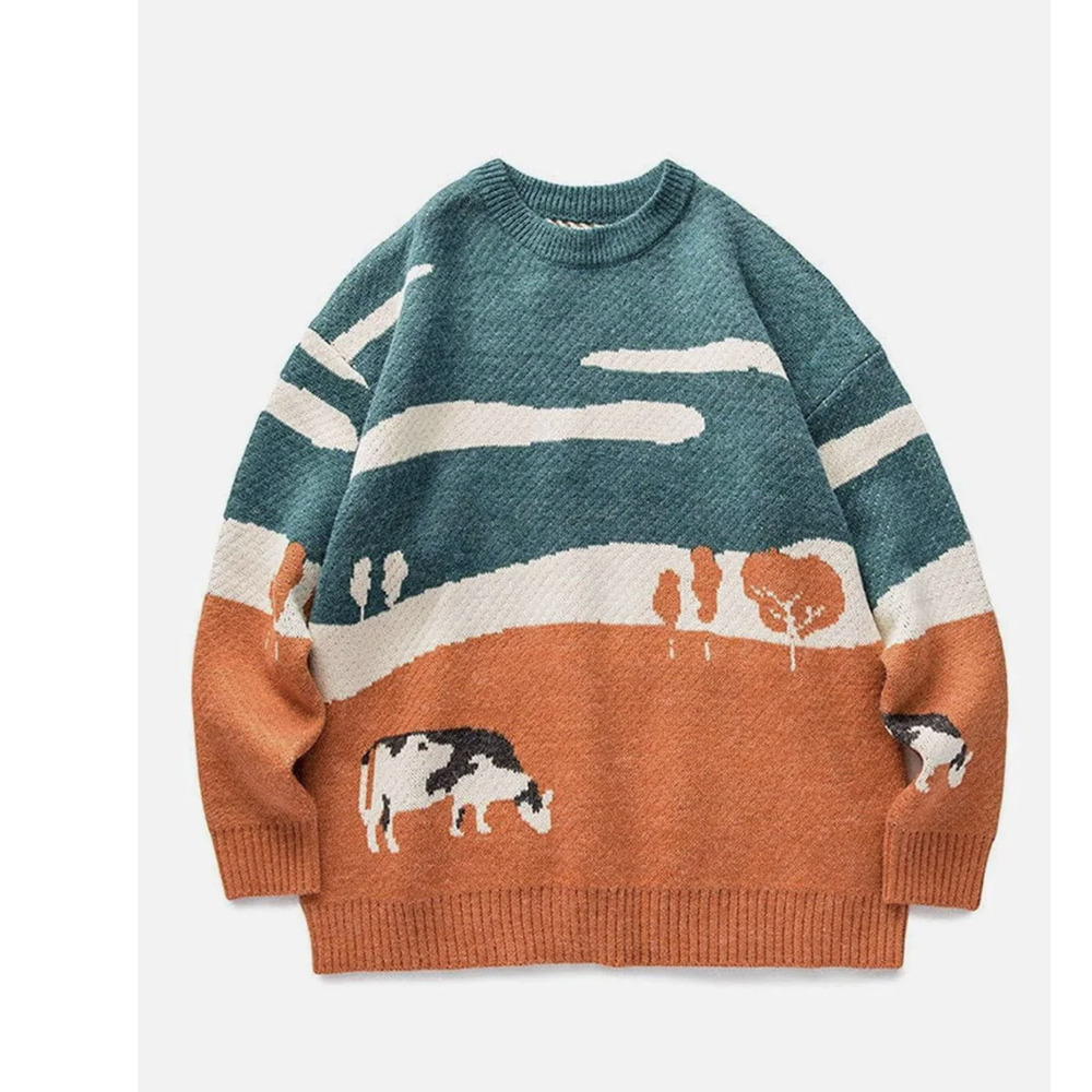 Aelfric Eden Vintage Prairie Cow Pattern Sweater Unisex Medium Women Men New